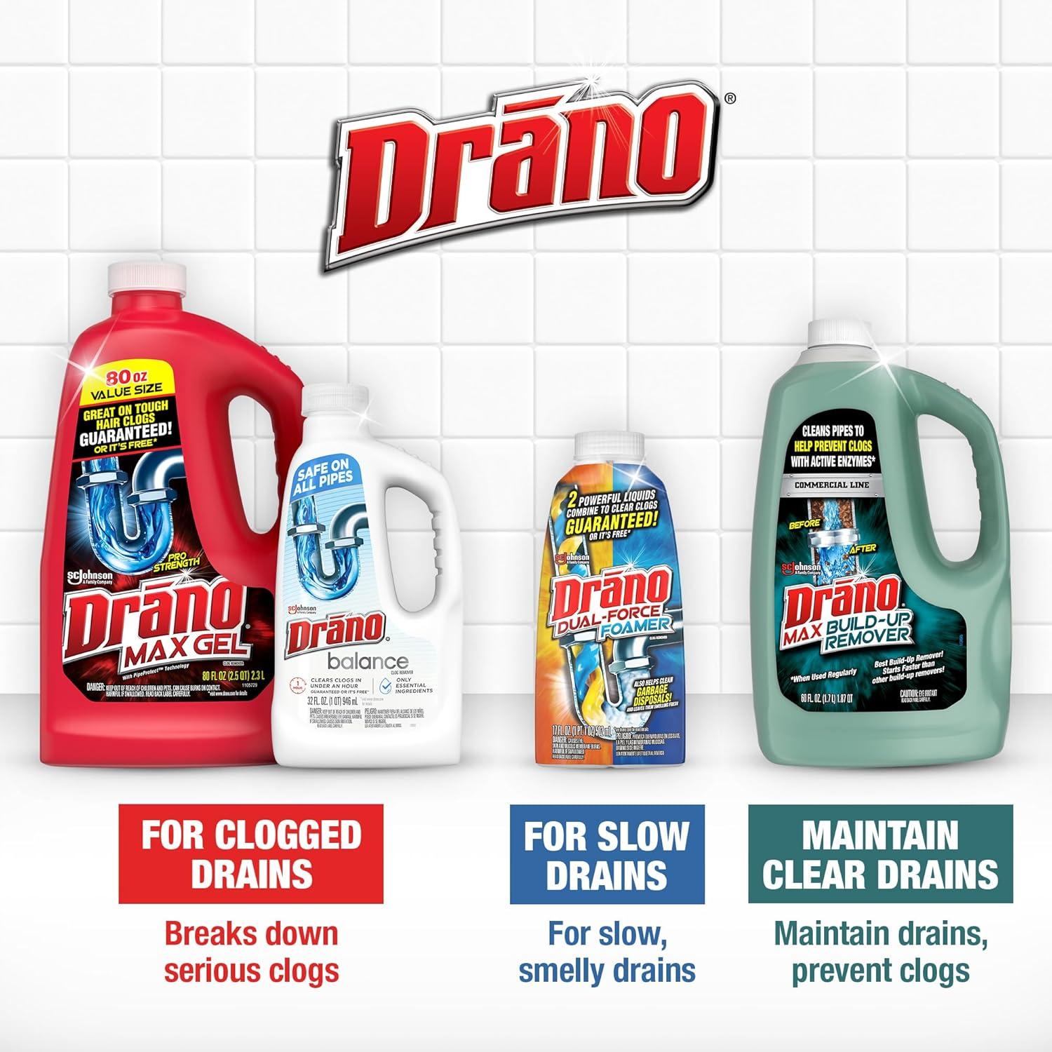 image:imageDrano Max Gel Drain Clog Remover amp Cleaner FastActing to Unclog Standing Water amp Remove Hair Grease amp Food Blockages Safe for all Pipes amp Septic Kitchen Sinks Bathroom Showers amp Tubs 80 Oz80 Fl Oz Pack of 2
