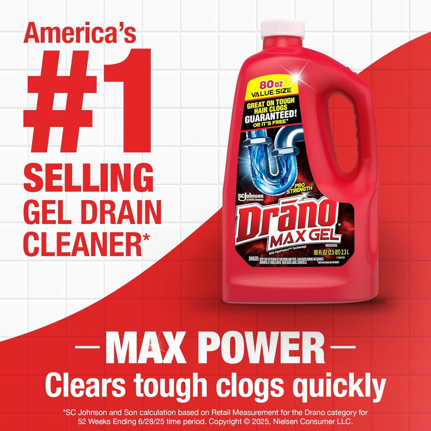 image:imageDrano Max Gel Drain Clog Remover amp Cleaner FastActing to Unclog Standing Water amp Remove Hair Grease amp Food Blockages Safe for all Pipes amp Septic Kitchen Sinks Bathroom Showers amp Tubs 80 Oz80 Fl Oz Pack of 2