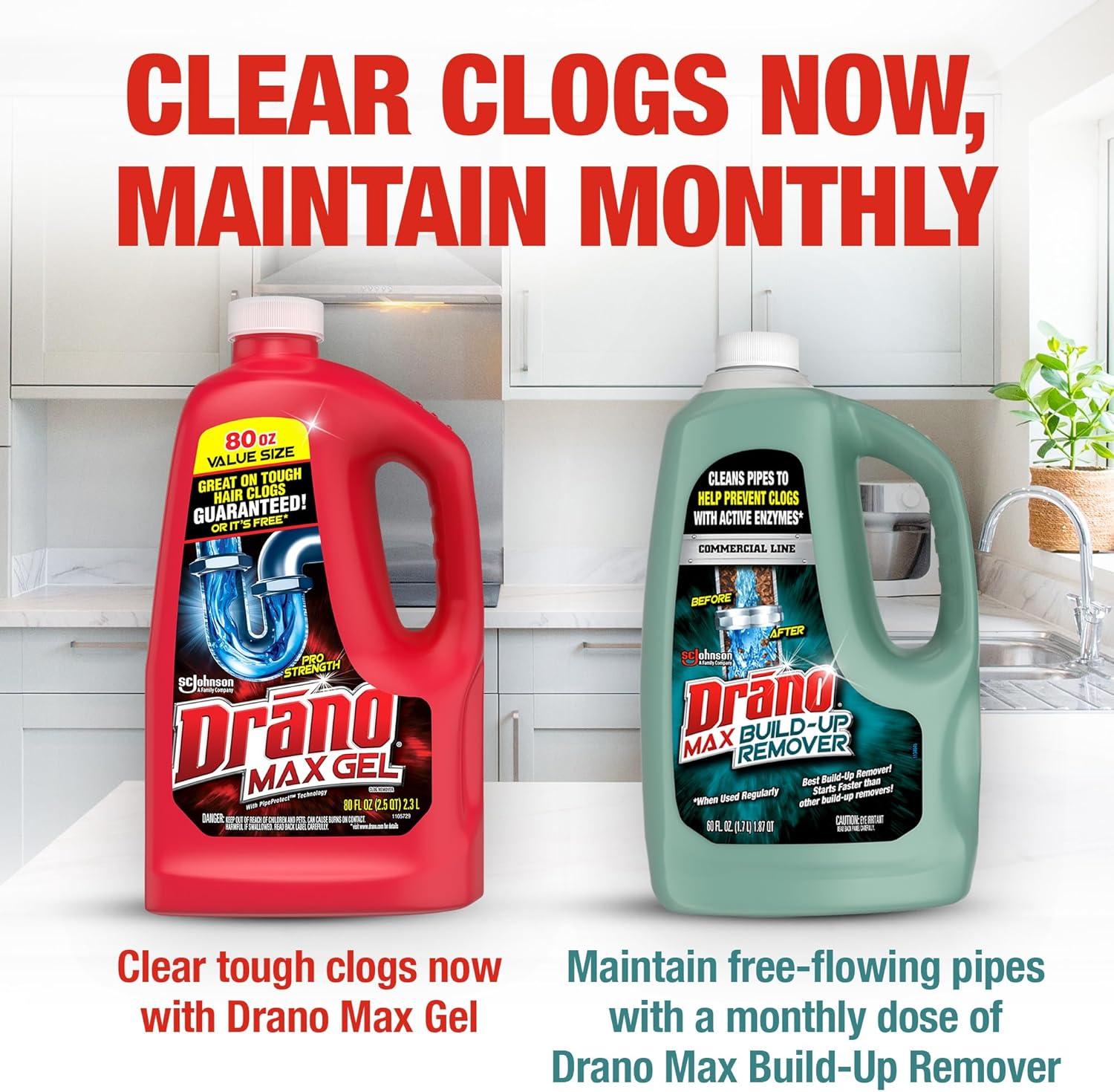 image:imageDrano Max Gel Drain Clog Remover amp Cleaner FastActing to Unclog Standing Water amp Remove Hair Grease amp Food Blockages Safe for all Pipes amp Septic Kitchen Sinks Bathroom Showers amp Tubs 80 Oz80 Fl Oz Pack of 2
