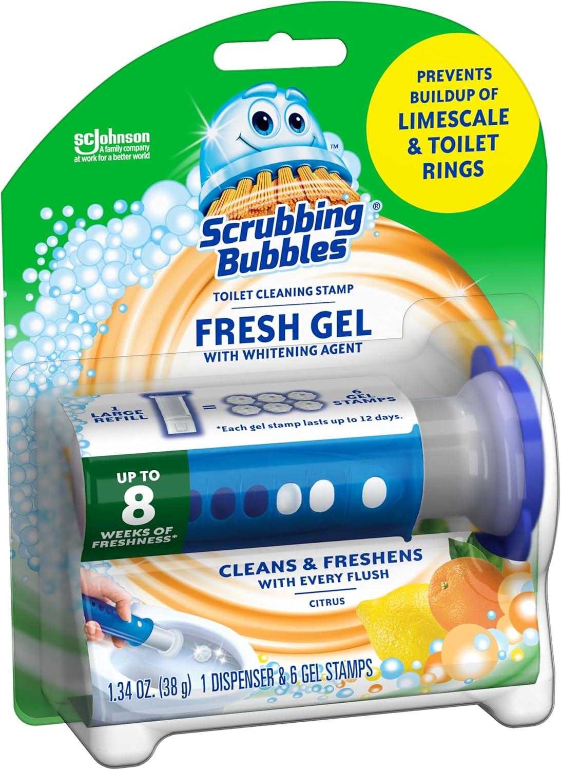 image:imageScrubbing Bubbles Fresh Gel Toilet Bowl Cleaning Stamps Helps Keep Toilet Clean and Helps Prevent Limescale amp Rings Citrus Scent 1 Dispenser with 6 Fresh Gel Stamps134 Ounce Pack of 2