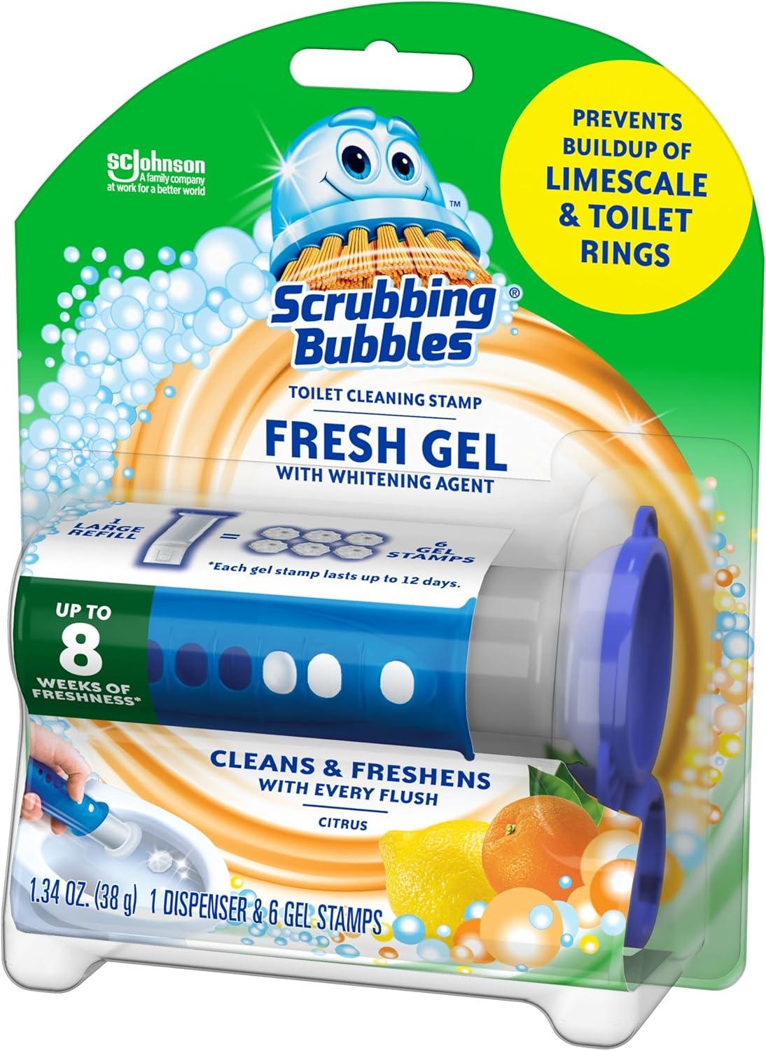 image:imageScrubbing Bubbles Fresh Gel Toilet Bowl Cleaning Stamps Helps Keep Toilet Clean and Helps Prevent Limescale amp Rings Citrus Scent 1 Dispenser with 6 Fresh Gel Stamps134 Ounce Pack of 2