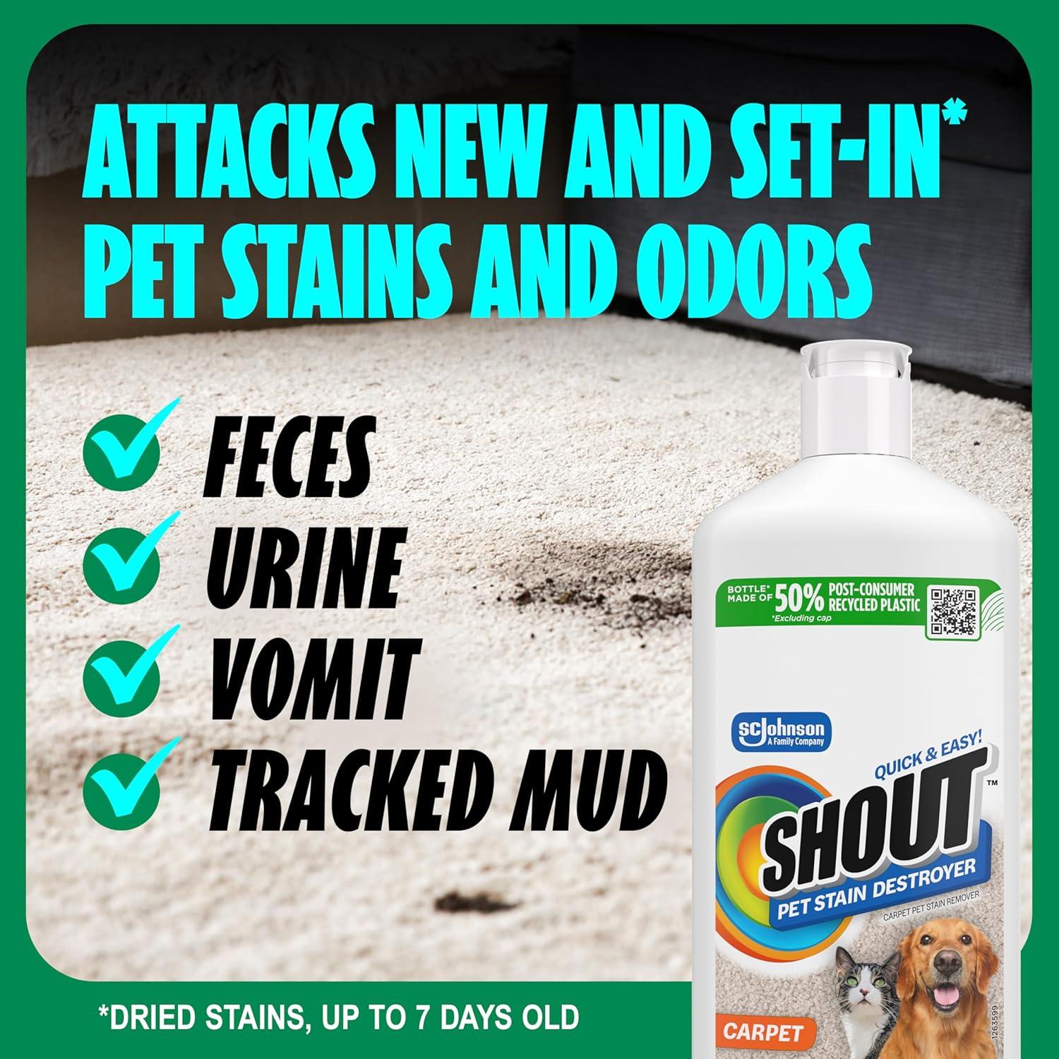 image:imageShout Pet Stain Remover ColorSafe Rug Upholstery amp Carpet Cleaner Solution for Dog amp Cat Urine Feces Vomit amp Mud Fights Odors amp Remarking FastActing Cleans in 5 Minutes or Less 243oz