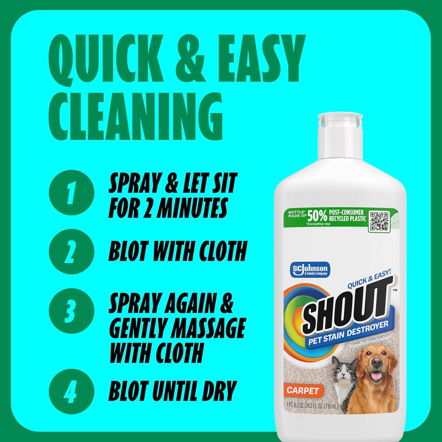 image:imageShout Pet Stain Remover ColorSafe Rug Upholstery amp Carpet Cleaner Solution for Dog amp Cat Urine Feces Vomit amp Mud Fights Odors amp Remarking FastActing Cleans in 5 Minutes or Less 243oz