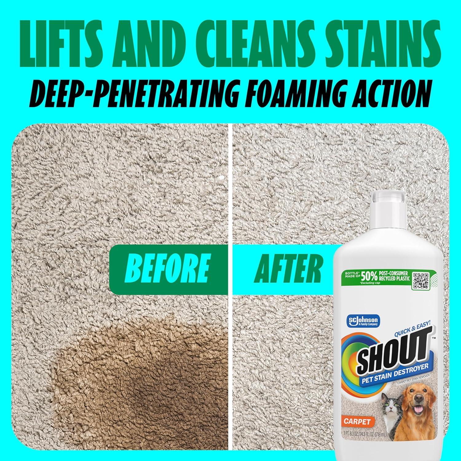image:imageShout Pet Stain Remover ColorSafe Rug Upholstery amp Carpet Cleaner Solution for Dog amp Cat Urine Feces Vomit amp Mud Fights Odors amp Remarking FastActing Cleans in 5 Minutes or Less 243oz