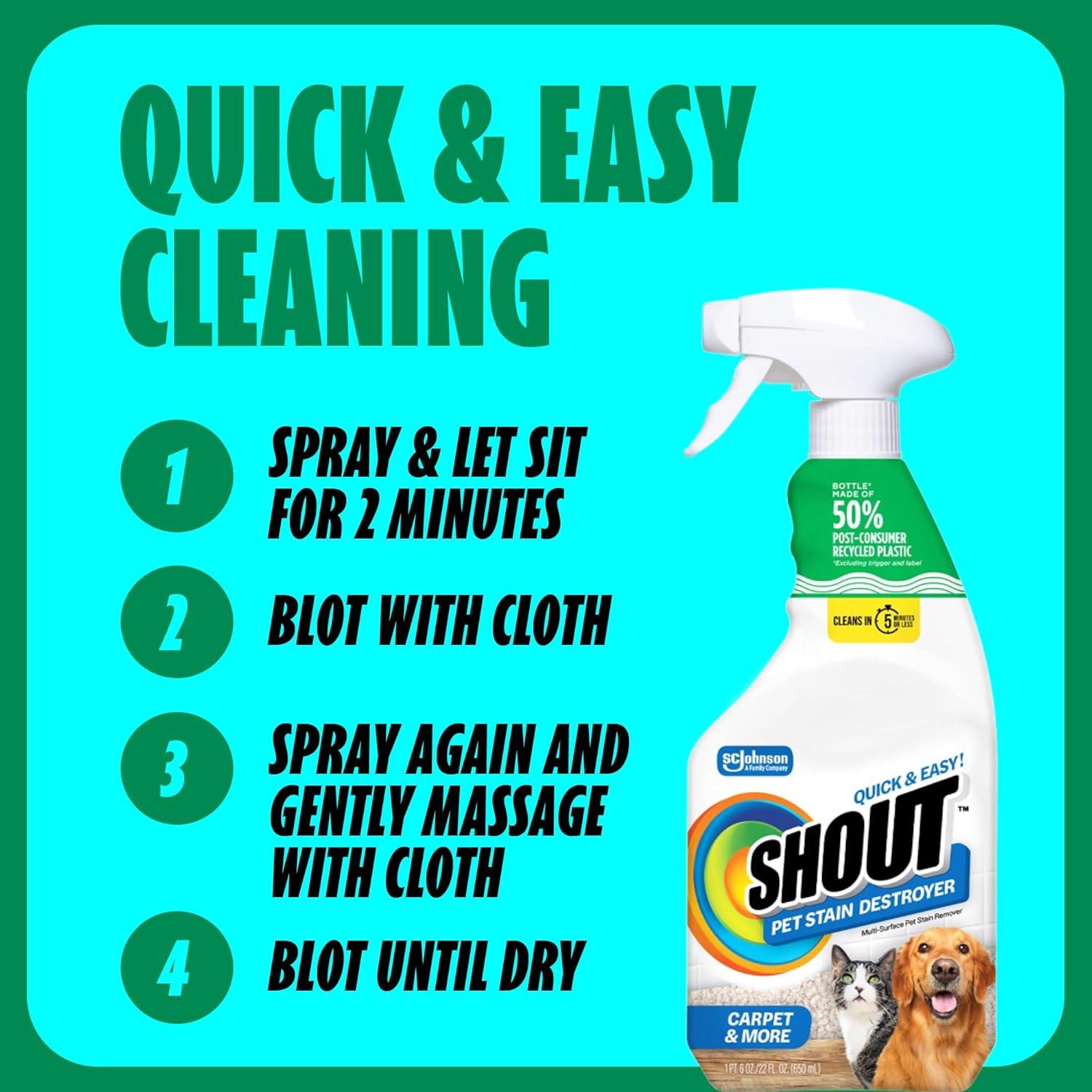 image:imageShout Pet Stain Remover Spray ColorSafe Multisurface amp Carpet Cleaner Solution for Dog amp Cat Urine Feces Vomit amp Mud Fights Odors amp Remarking FastActing Cleans in 5 Minutes or Less 22oz