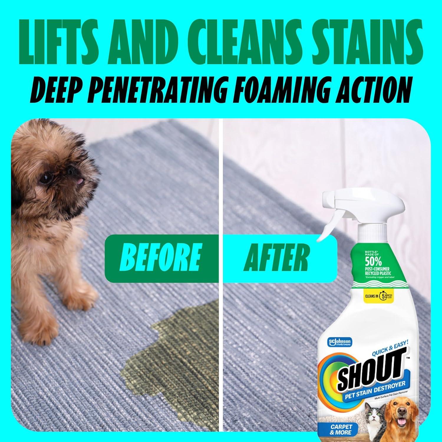 image:imageShout Pet Stain Remover Spray ColorSafe Multisurface amp Carpet Cleaner Solution for Dog amp Cat Urine Feces Vomit amp Mud Fights Odors amp Remarking FastActing Cleans in 5 Minutes or Less 22oz