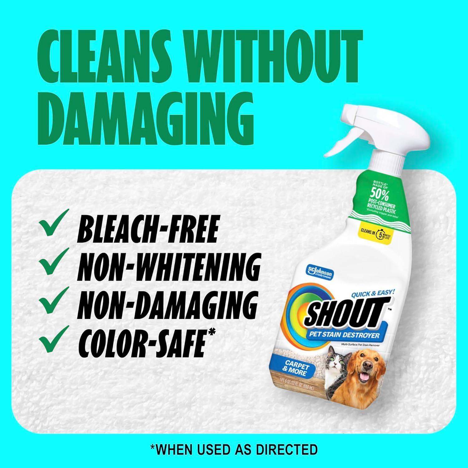 image:imageShout Pet Stain Remover Spray ColorSafe Multisurface amp Carpet Cleaner Solution for Dog amp Cat Urine Feces Vomit amp Mud Fights Odors amp Remarking FastActing Cleans in 5 Minutes or Less 22oz