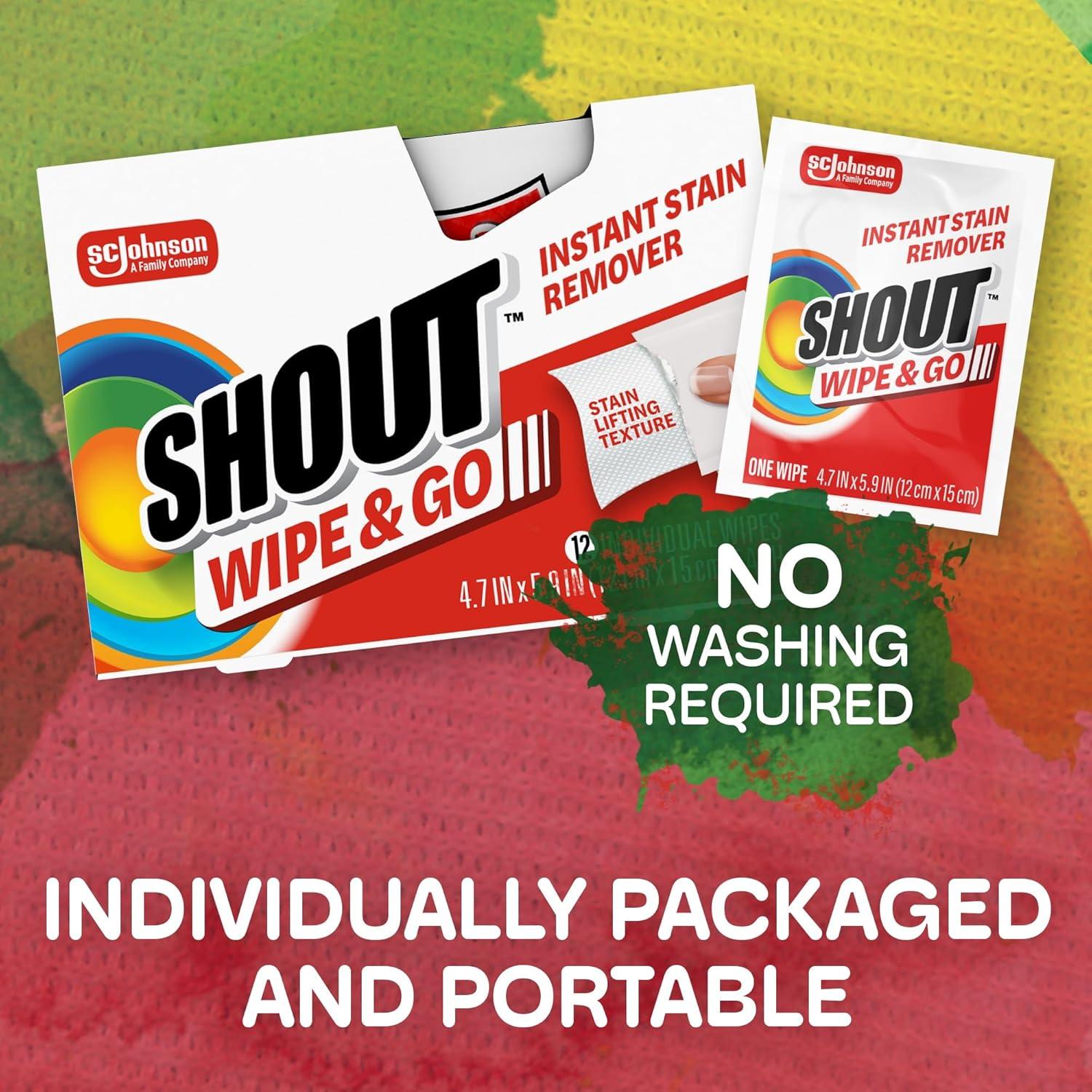 image:imageShout Wipe amp Go Instant Stain Remover Wipes No Wash Required Safe on Colorfast Washables Travel amp Baby Diaper Bag Essentials Removes Grass Coffee Makeup amp More 12 Wipes Pack of 112 Count Pack of 6