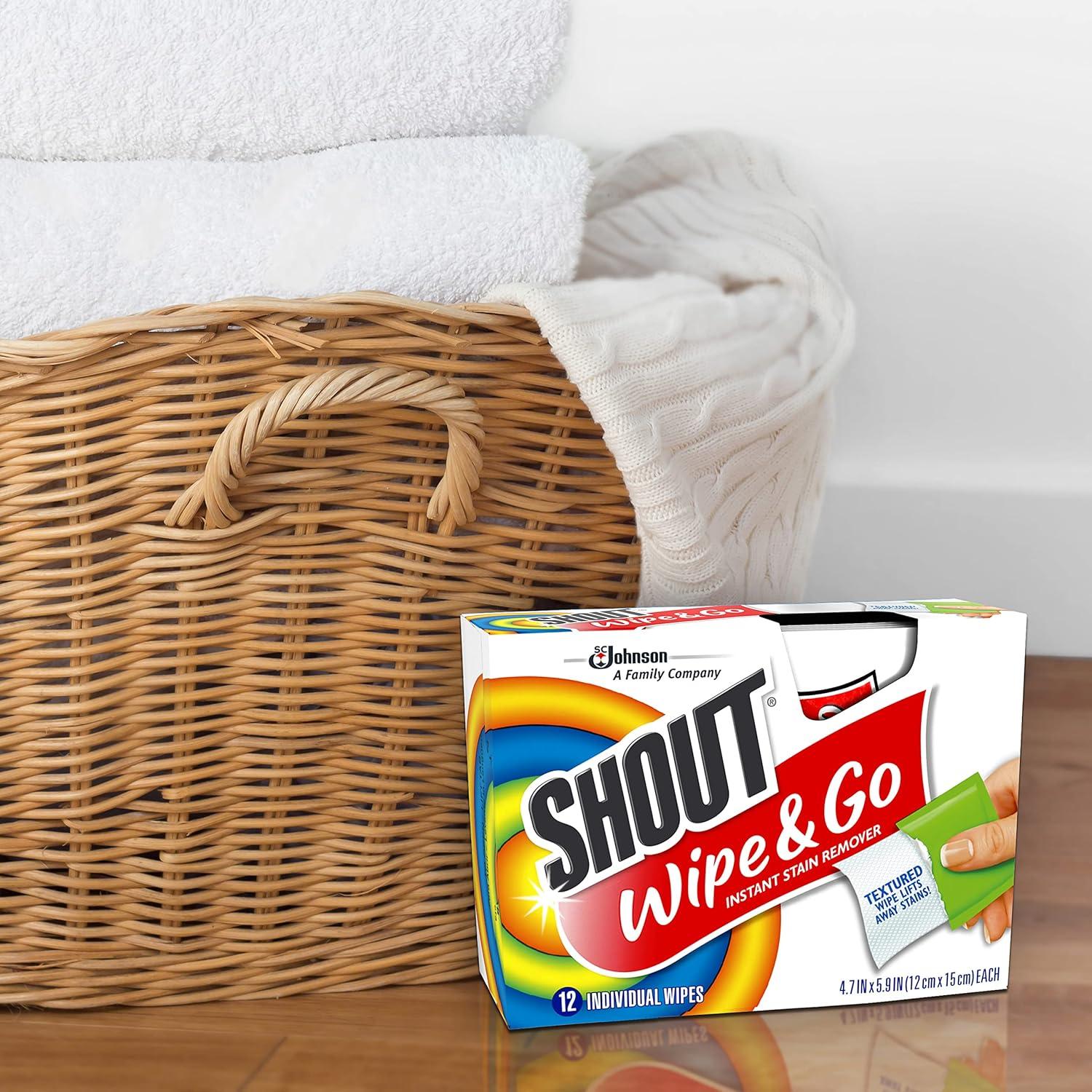 image:imageShout Wipe amp Go Instant Stain Remover Wipes No Wash Required Safe on Colorfast Washables Travel amp Baby Diaper Bag Essentials Removes Grass Coffee Makeup amp More 12 Wipes Pack of 112 Count Pack of 12