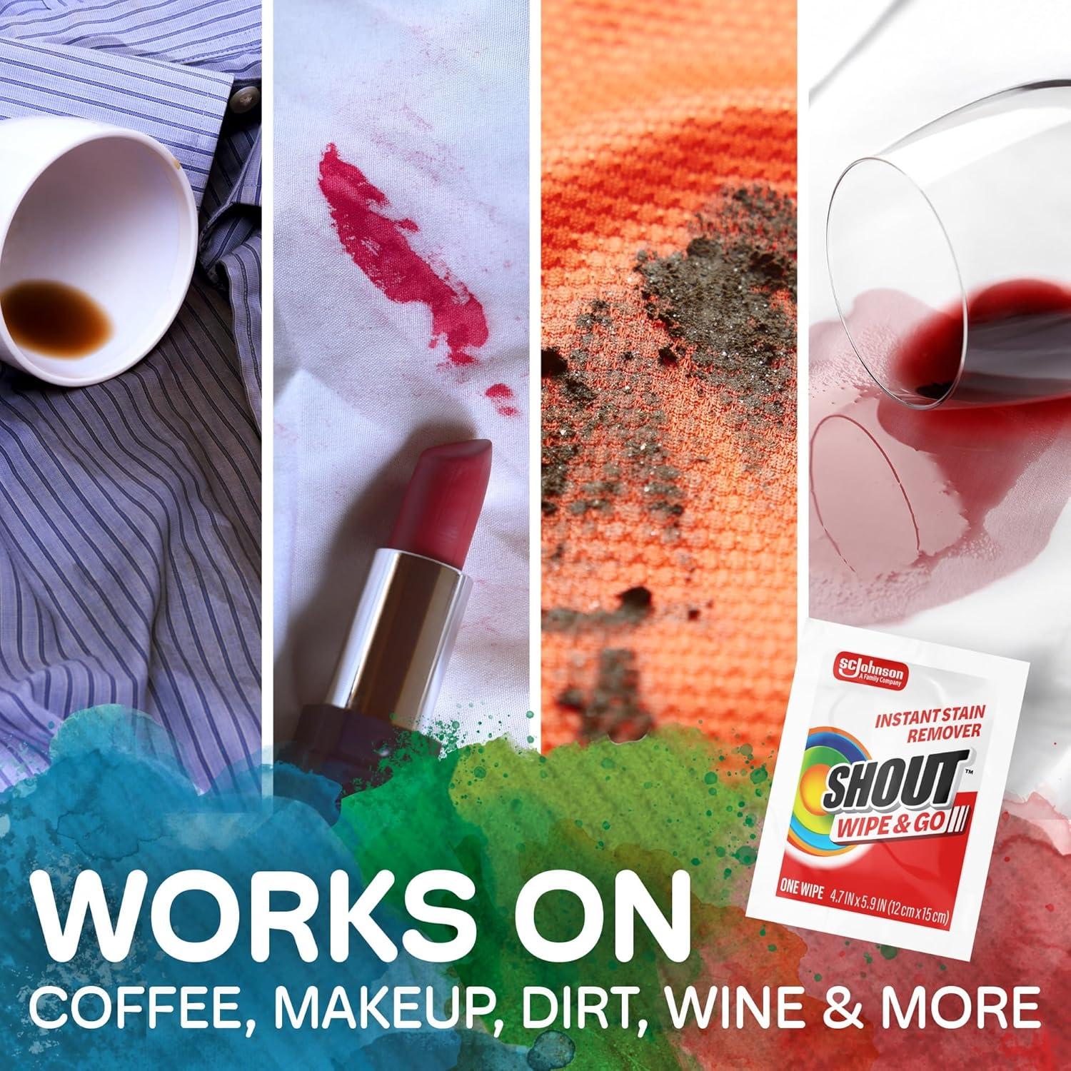 image:imageShout Wipe amp Go Instant Stain Remover Wipes No Wash Required Safe on Colorfast Washables Travel amp Baby Diaper Bag Essentials Removes Grass Coffee Makeup amp More 12 Wipes Pack of 112 Count Pack of 1