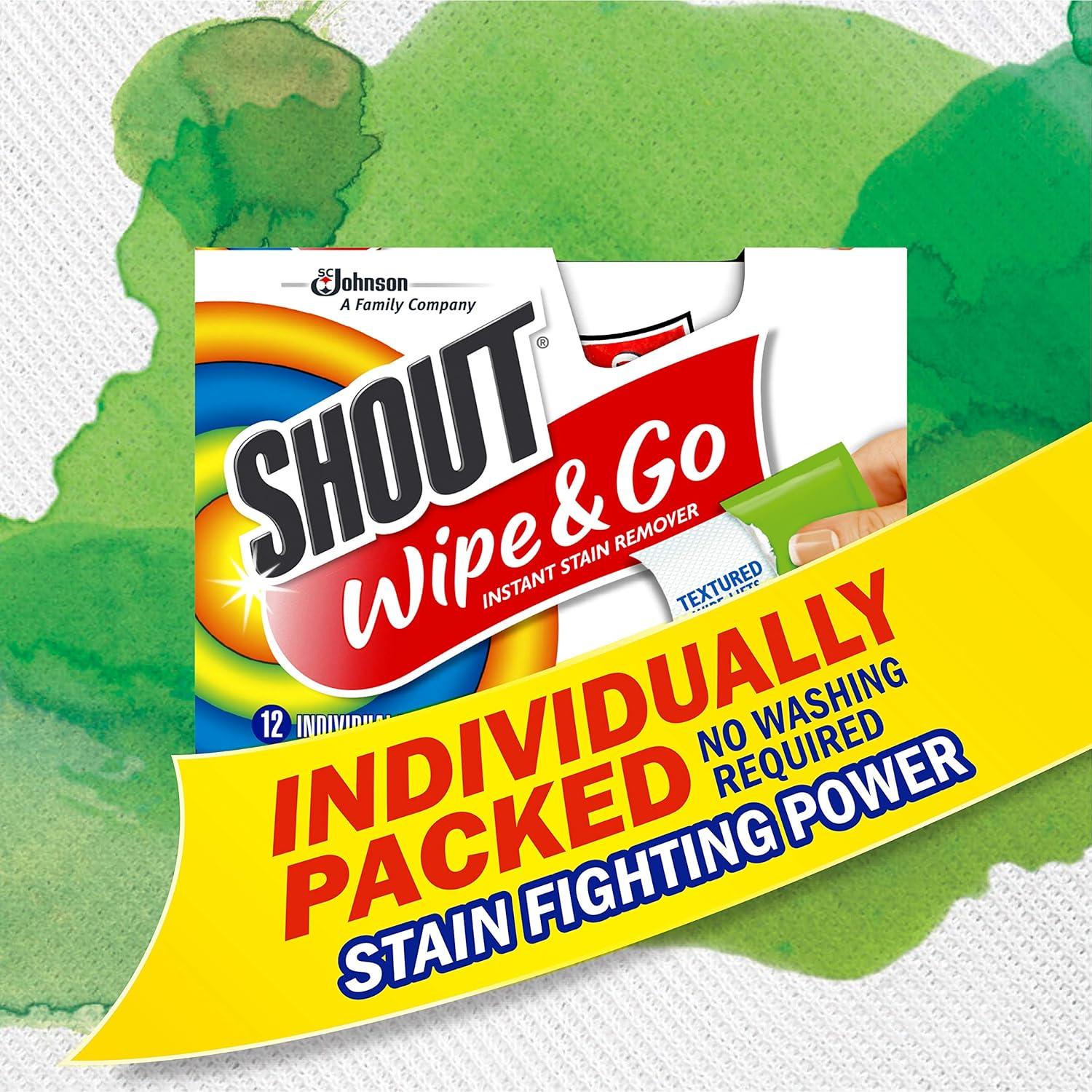 image:imageShout Wipe amp Go Instant Stain Remover Wipes No Wash Required Safe on Colorfast Washables Travel amp Baby Diaper Bag Essentials Removes Grass Coffee Makeup amp More 12 Wipes Pack of 112 Count Pack of 12
