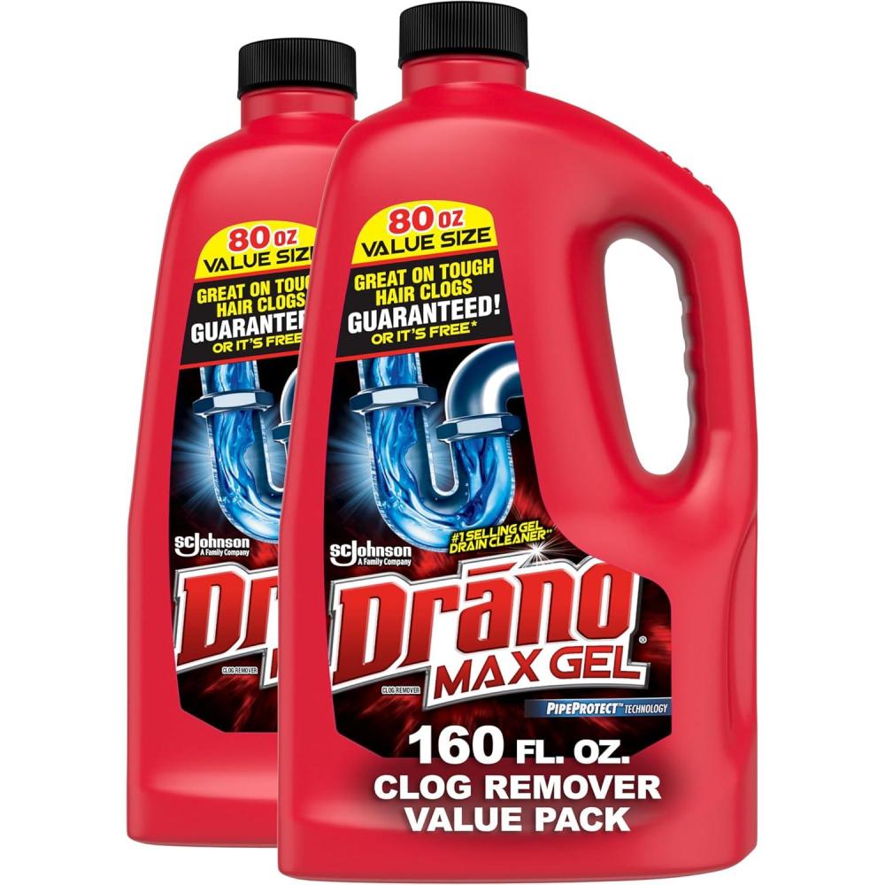 image:imageDrano Max Gel Drain Clog Remover amp Cleaner FastActing to Unclog Standing Water amp Remove Hair Grease amp Food Blockages Safe for all Pipes amp Septic Kitchen Sinks Bathroom Showers amp Tubs 80 Oz80 Fl Oz Pack of 2