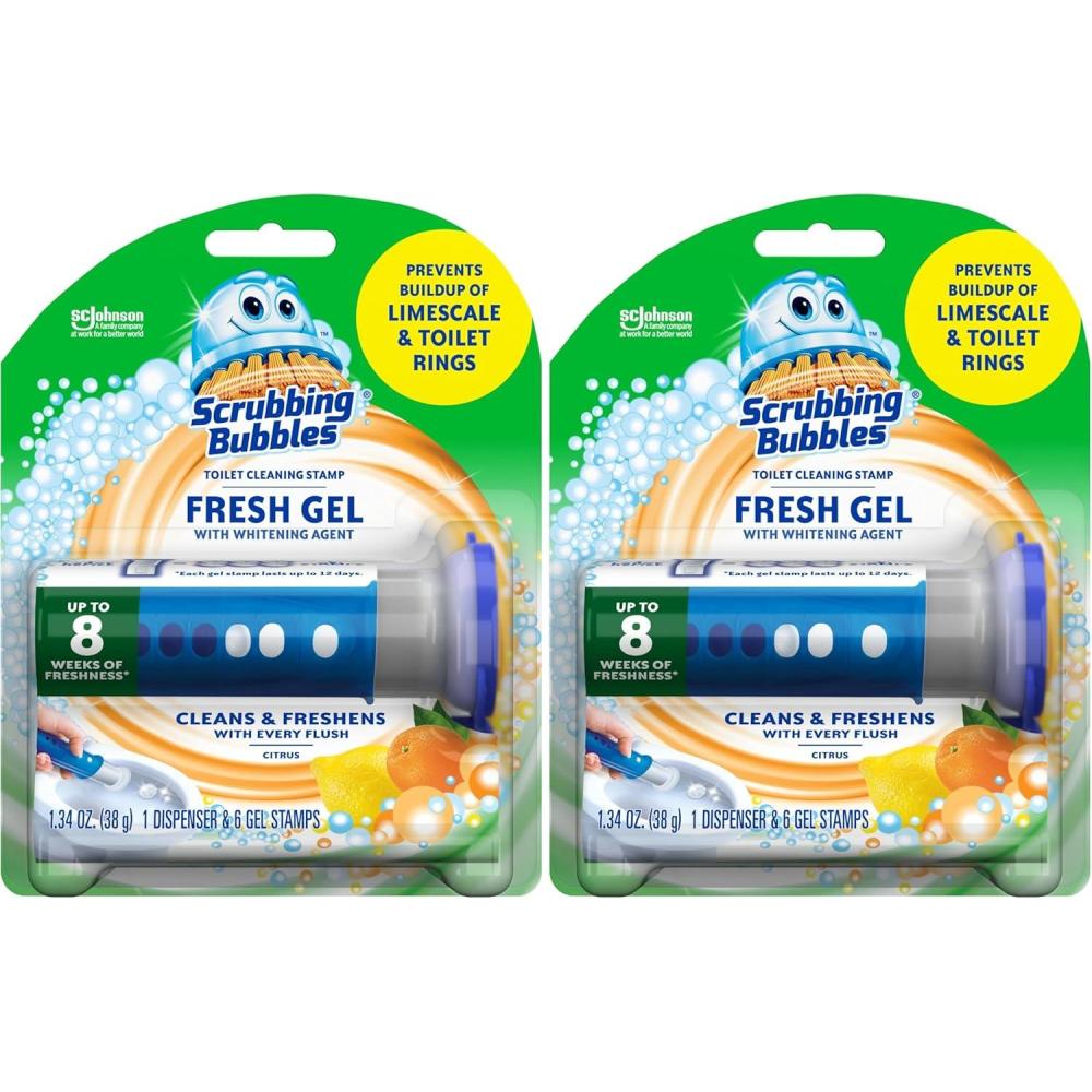 image:imageScrubbing Bubbles Fresh Gel Toilet Bowl Cleaning Stamps Helps Keep Toilet Clean and Helps Prevent Limescale amp Rings Citrus Scent 1 Dispenser with 6 Fresh Gel Stamps134 Ounce Pack of 2