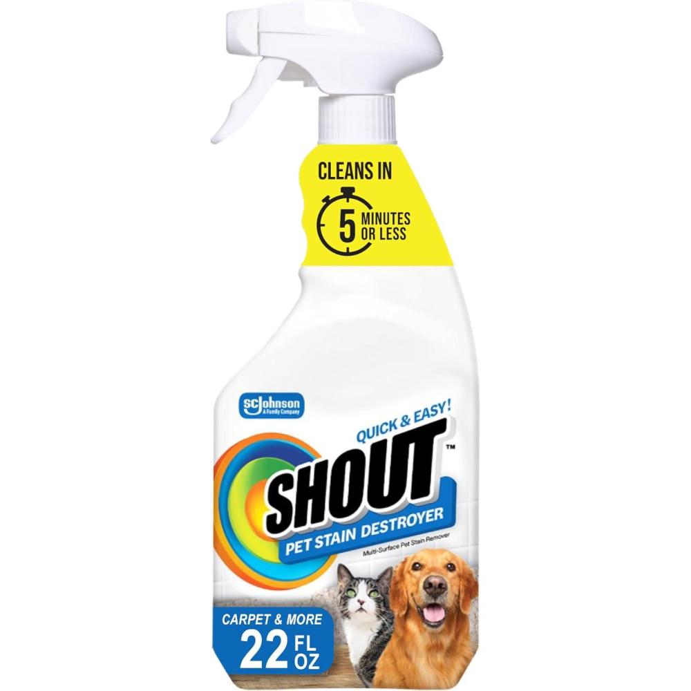 image:imageShout Pet Stain Remover Spray ColorSafe Multisurface amp Carpet Cleaner Solution for Dog amp Cat Urine Feces Vomit amp Mud Fights Odors amp Remarking FastActing Cleans in 5 Minutes or Less 22oz