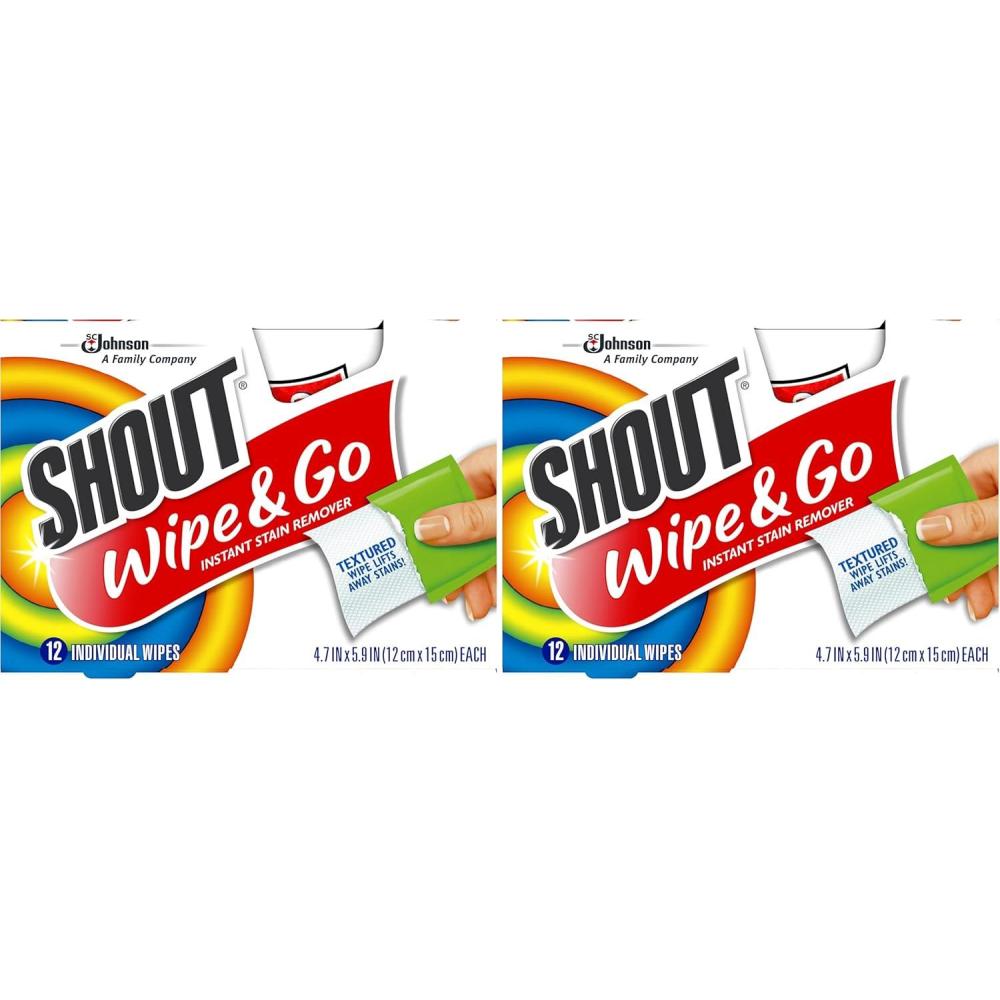 image:imageShout Wipe amp Go Instant Stain Remover Wipes No Wash Required Safe on Colorfast Washables Travel amp Baby Diaper Bag Essentials Removes Grass Coffee Makeup amp More 12 Wipes Pack of 112 Count Pack of 12