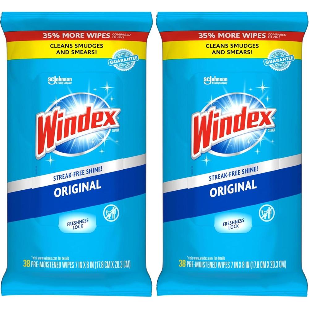 image:imageWindex Wipes Glass Cleaning PreMoistened Glass and Surface Wipes to Clean Home Surfaces Household Essentials Original Scent 38 Count Pack of 638 Count Pack of 2