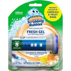 image:imageScrubbing Bubbles Fresh Gel Toilet Bowl Cleaning Stamps Helps Keep Toilet Clean and Helps Prevent Limescale amp Rings Citrus Scent 1 Dispenser with 6 Fresh Gel Stamps134 Ounce Pack of 1