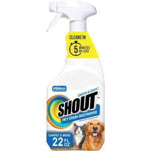 image:imageShout Pet Stain Remover Spray ColorSafe Multisurface amp Carpet Cleaner Solution for Dog amp Cat Urine Feces Vomit amp Mud Fights Odors amp Remarking FastActing Cleans in 5 Minutes or Less 22oz