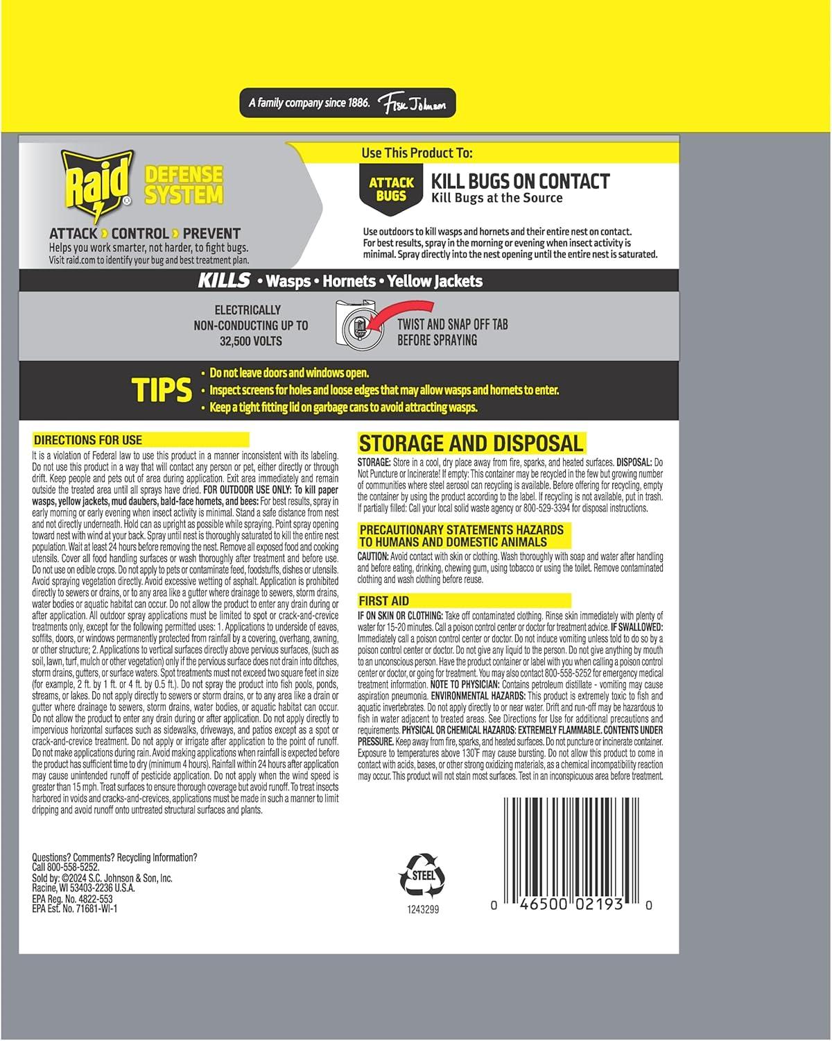 image:imageRaid Wasp amp Hornet Killer Spray Bug Killer Kills the Entire Nest 14 Oz 2 Count14 Fl Oz Pack of 4