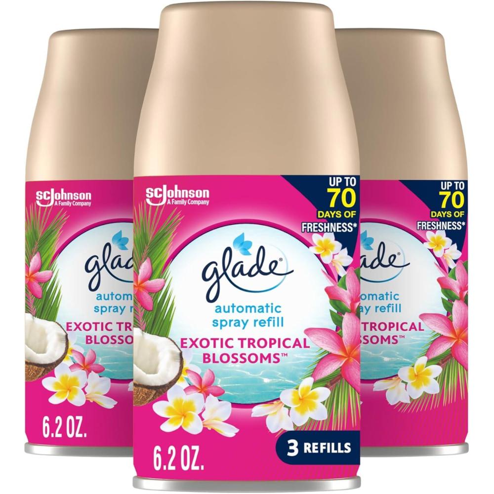 image:imageGlade Automatic Spray Air Freshener Refill Scented Air Freshener for Home and Bathroom Clean Linen 62 Oz 3 CountExotic Tropical Blossoms