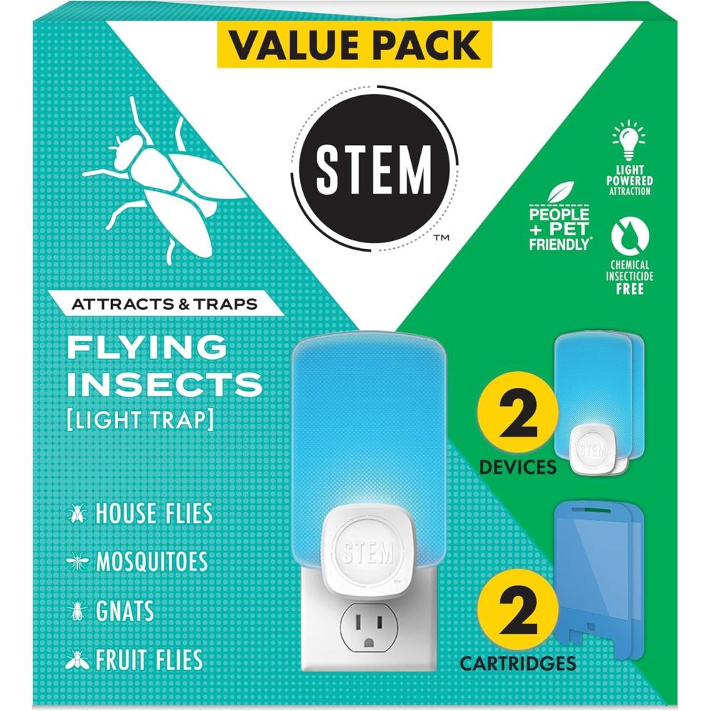 image:imageSTEM Flying Insect Trap Indoor Fruit Fly amp Gnat Catcher for Home Kitchen amp Any Room Attracts amp Traps Bugs Soft Blue UV Light Includes 2 PlugIn Devices amp 2 Cartridges